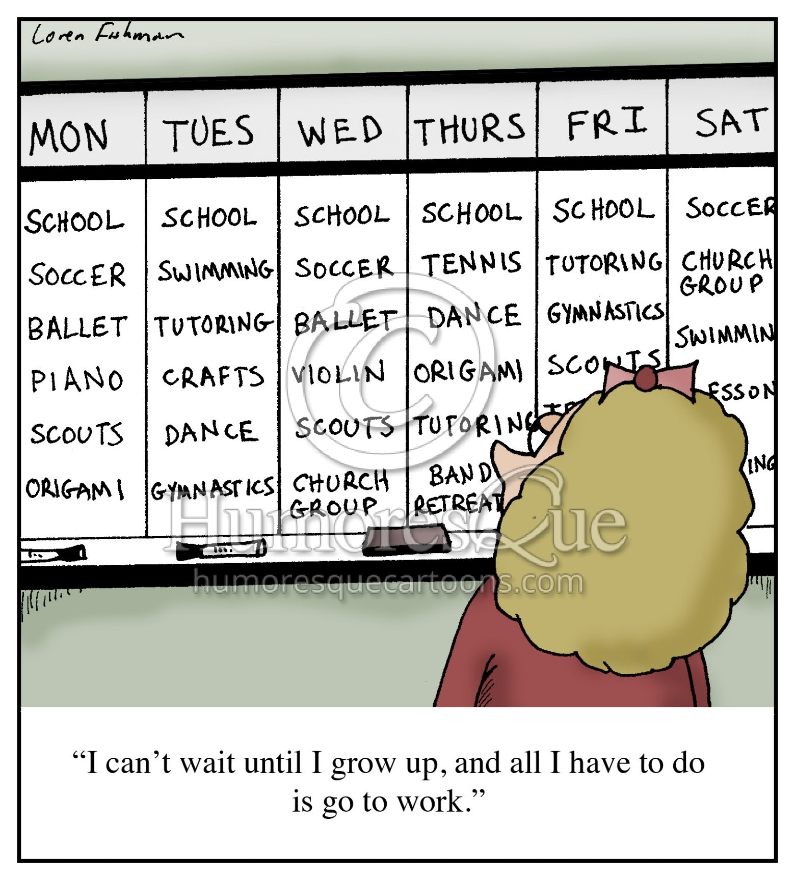 overscheduled kid with activities after school cartoon