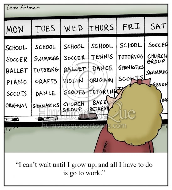overscheduled kid with activities after school cartoon