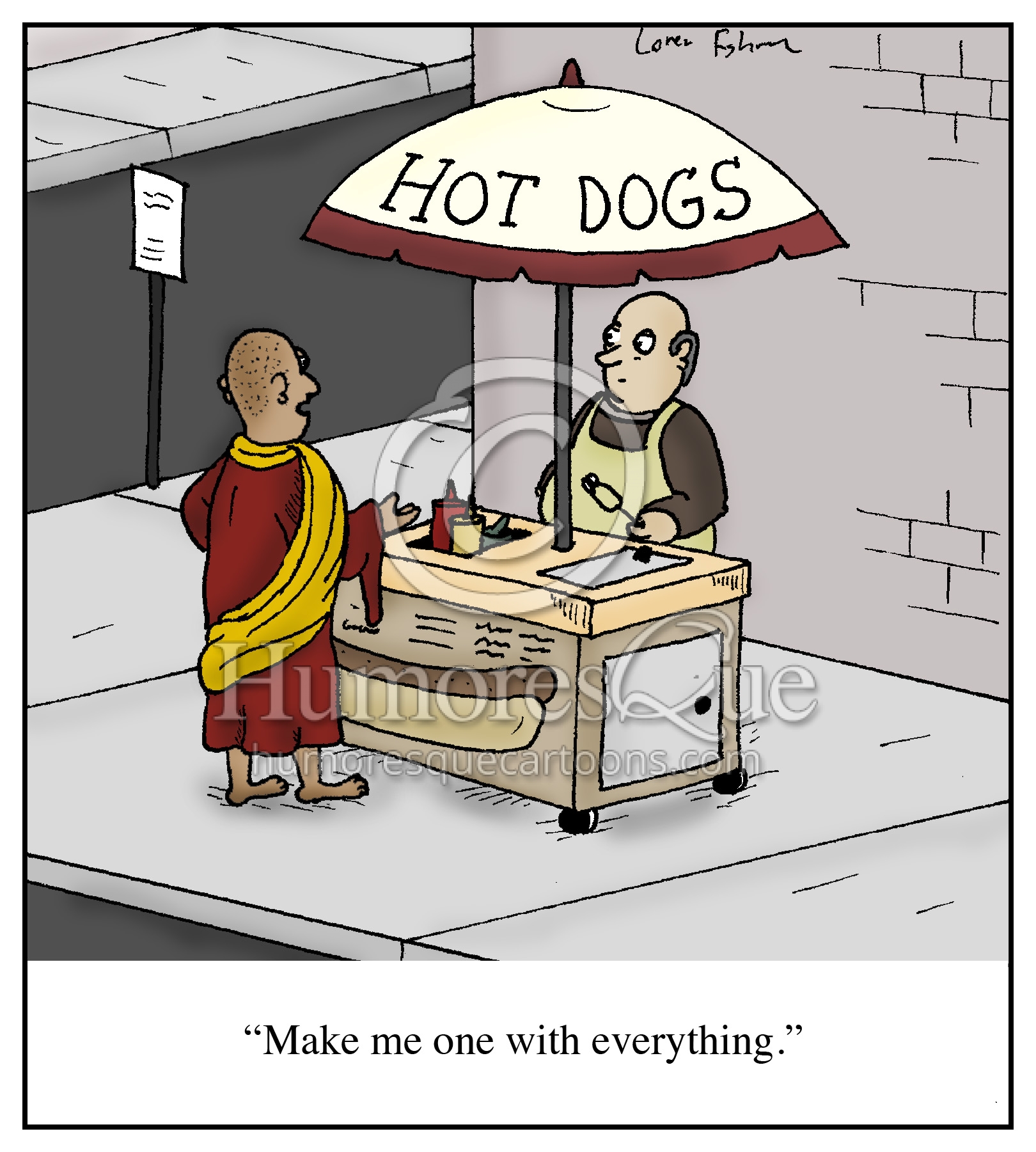 buddhist monk and hot dog vendor cartoon