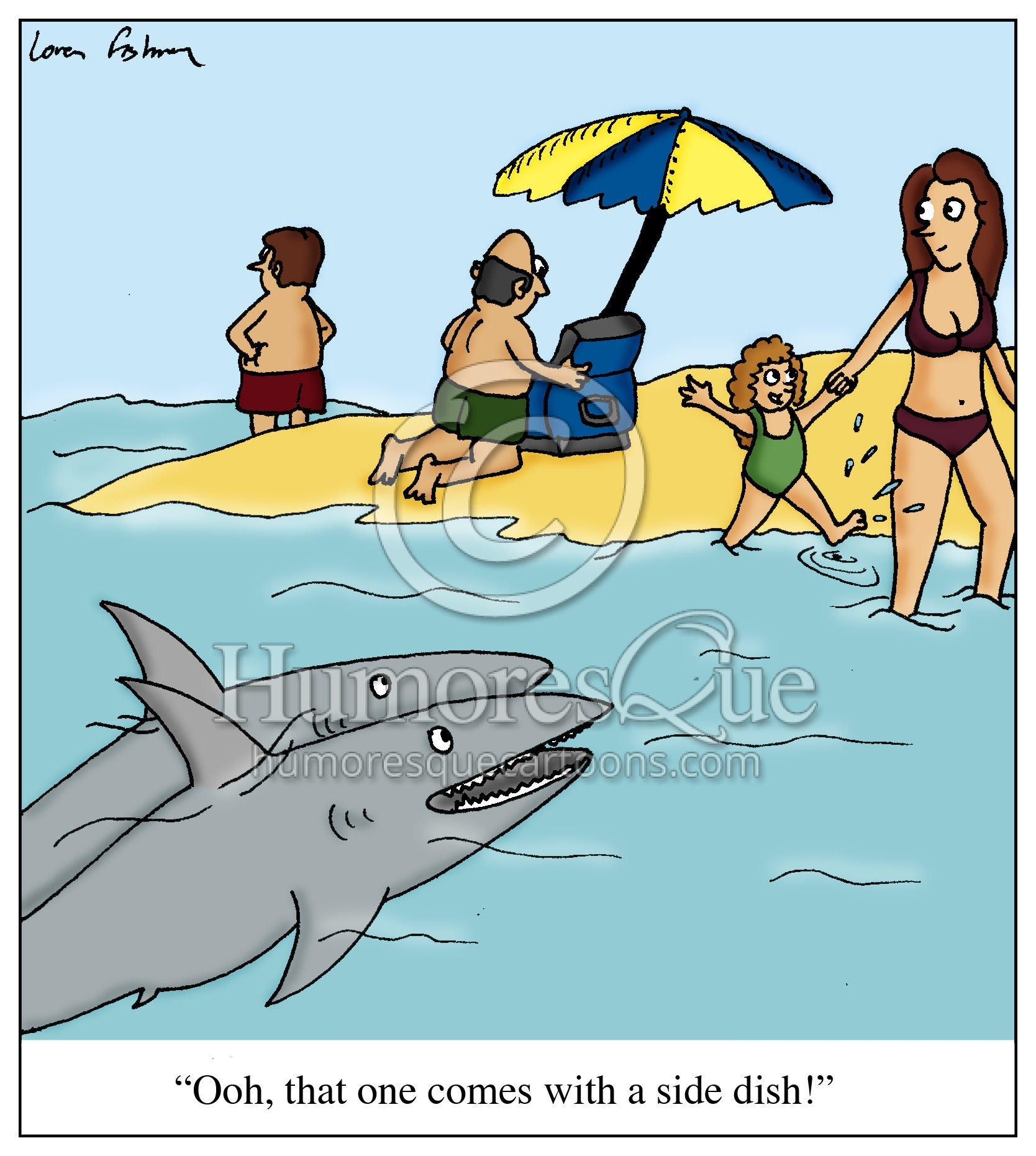 shark sees a little girl on the beach and calls her a sidedish cartoon