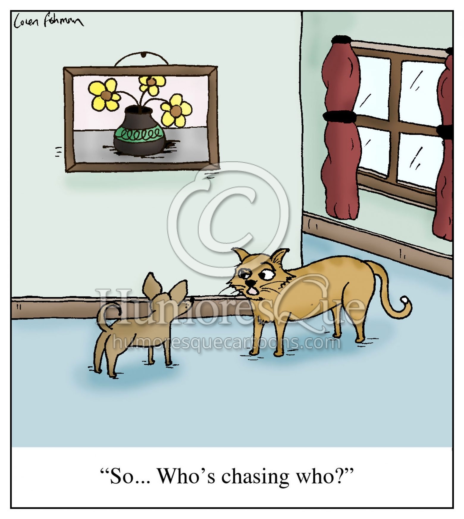 cat is confused about a small dog chasing cartoon
