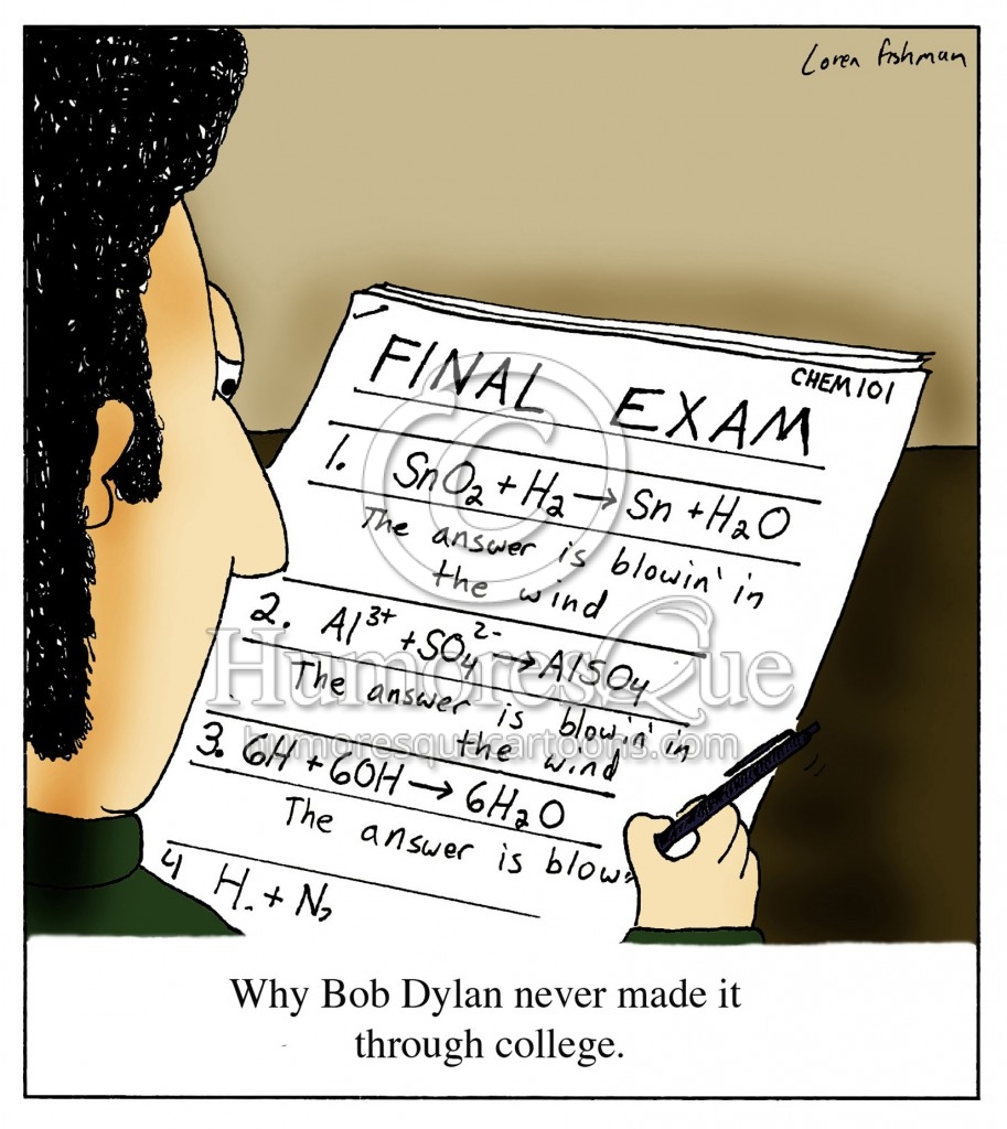 Bob Dylan taking a college exam answering the answer is blowin in the wind cartoon