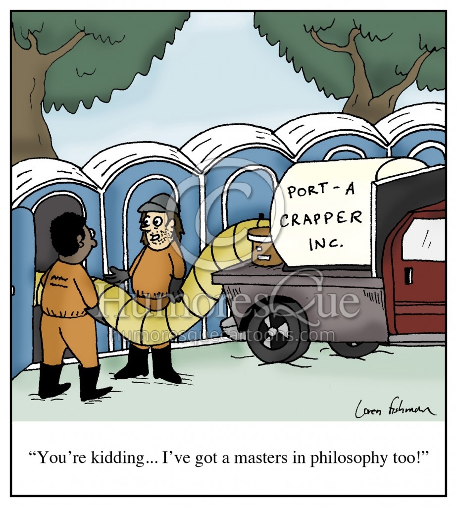 cartoon of minimum wage workers with masters in philosophy degrees