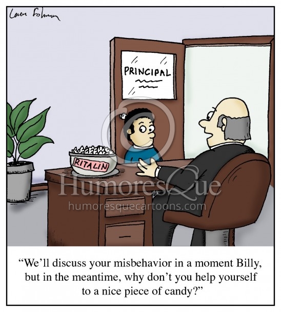 ritalin add cartoon of kid with principal and a bowl of ritalin