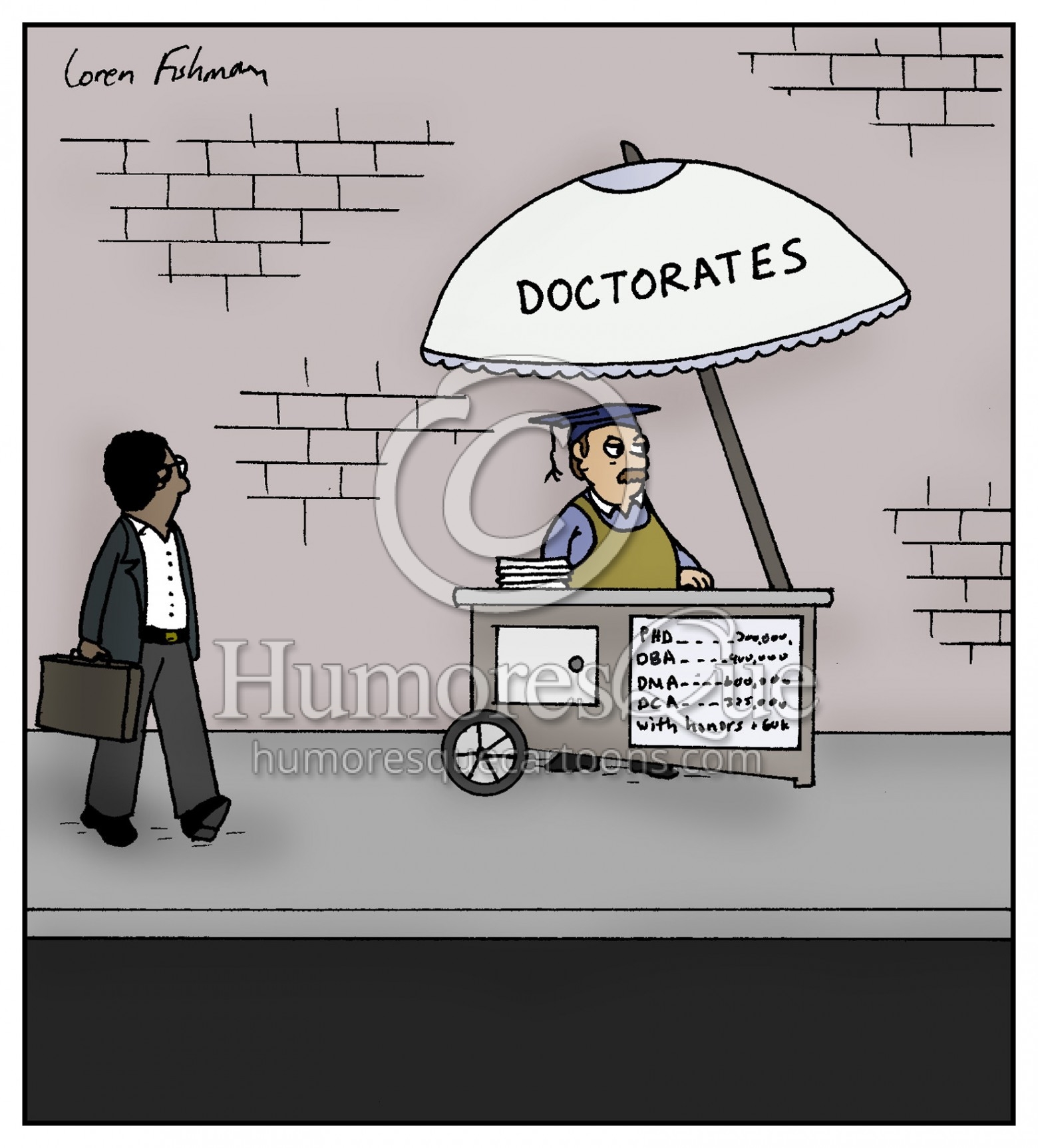 street vendor selling doctorates cartoon