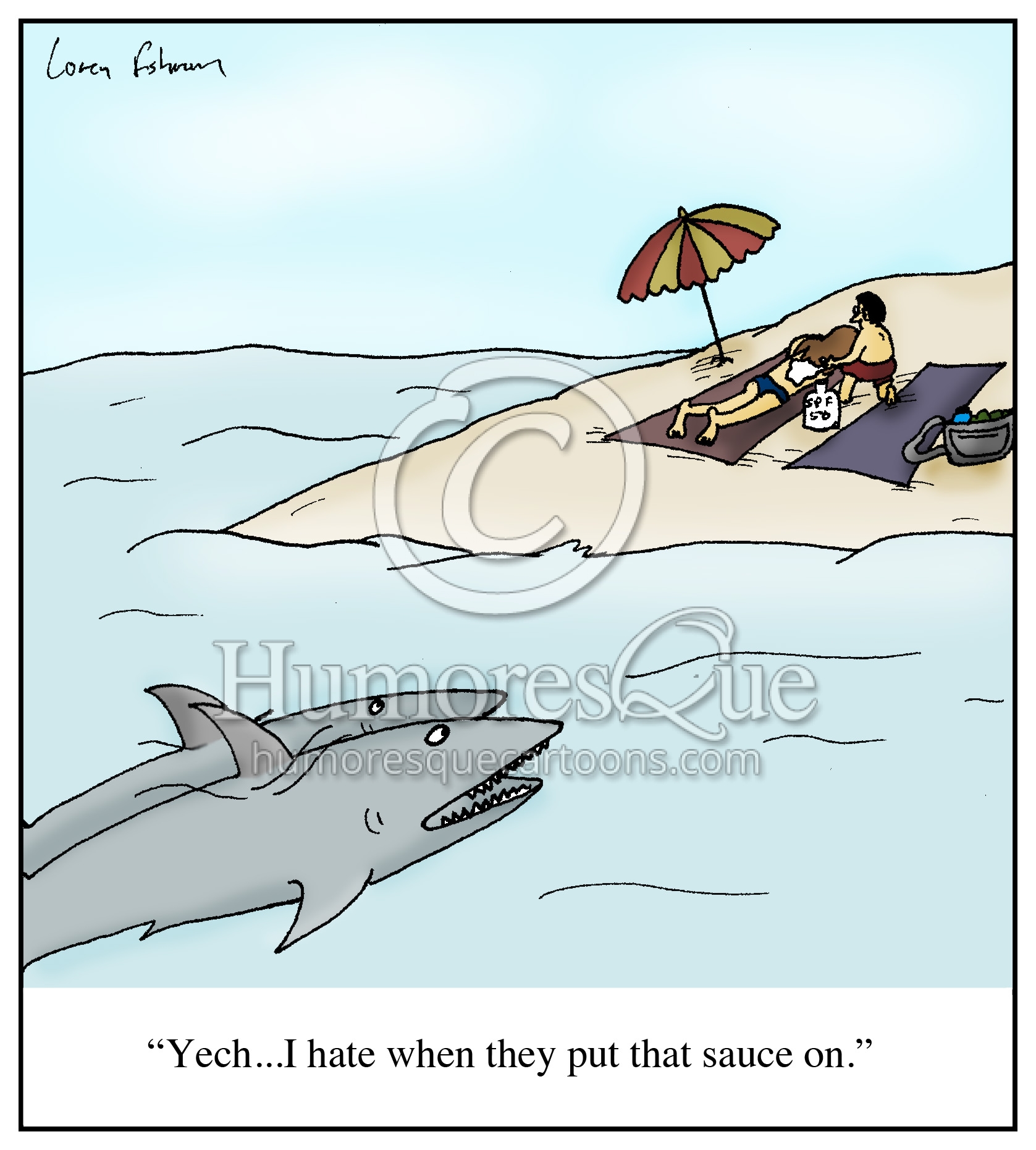 shark sunscreen putting sauce on cartoon