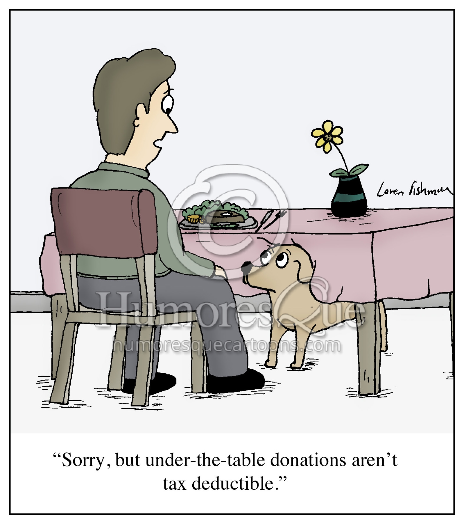 under the table tax deductible donation dog begging cartoon