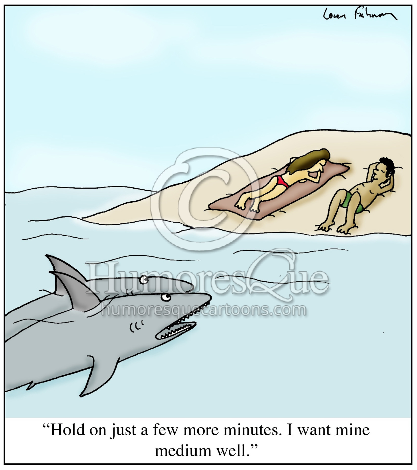 shark wating for sunbathing people to be medium well tanning cartoon