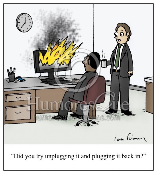 unplug and plug back in computer tech support office cartoon