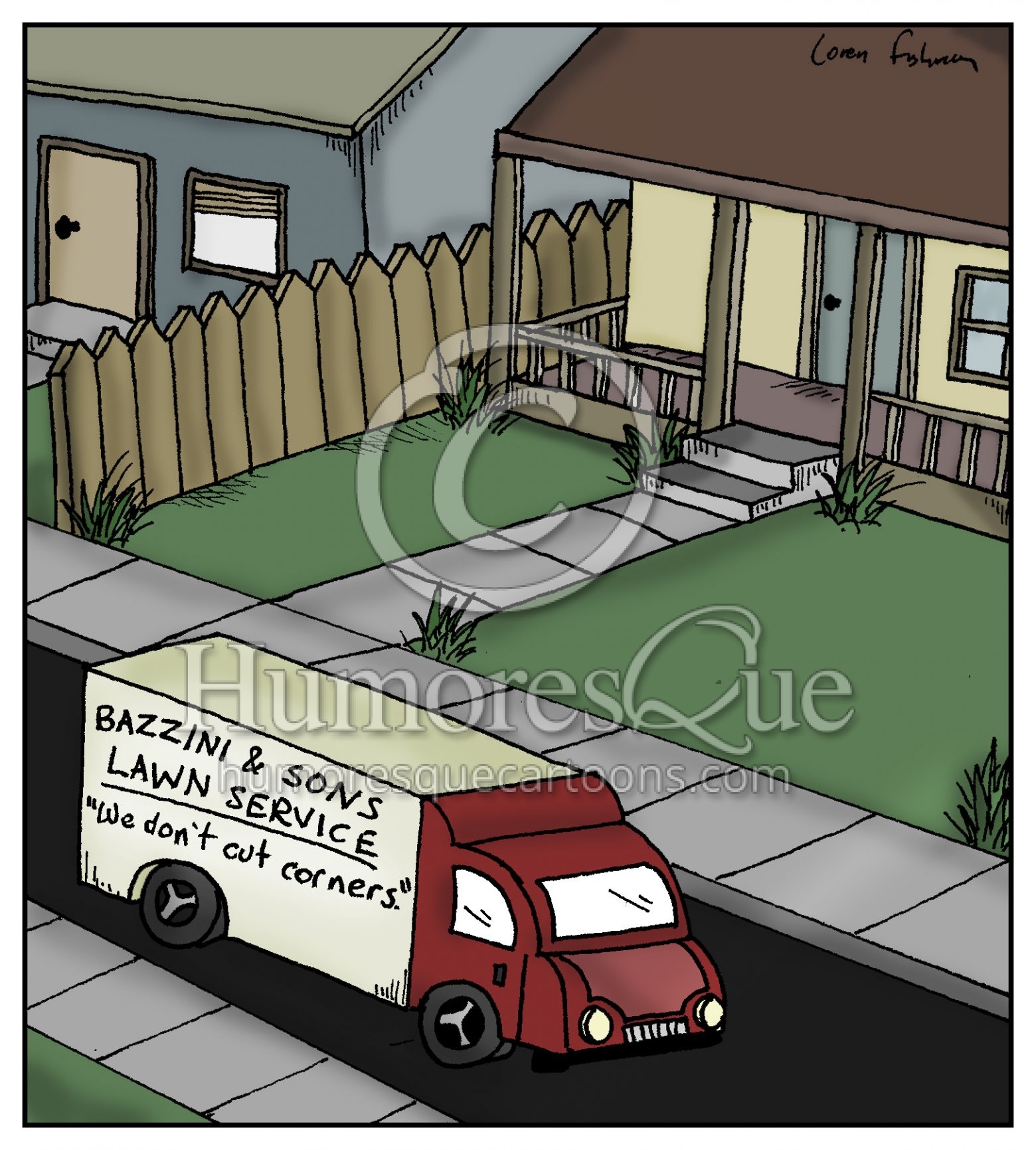 cutting corners lawn service business landscaping cartoon
