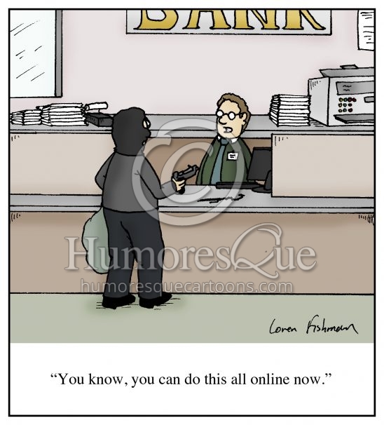 online bank robbery identity theft fraud cartoon