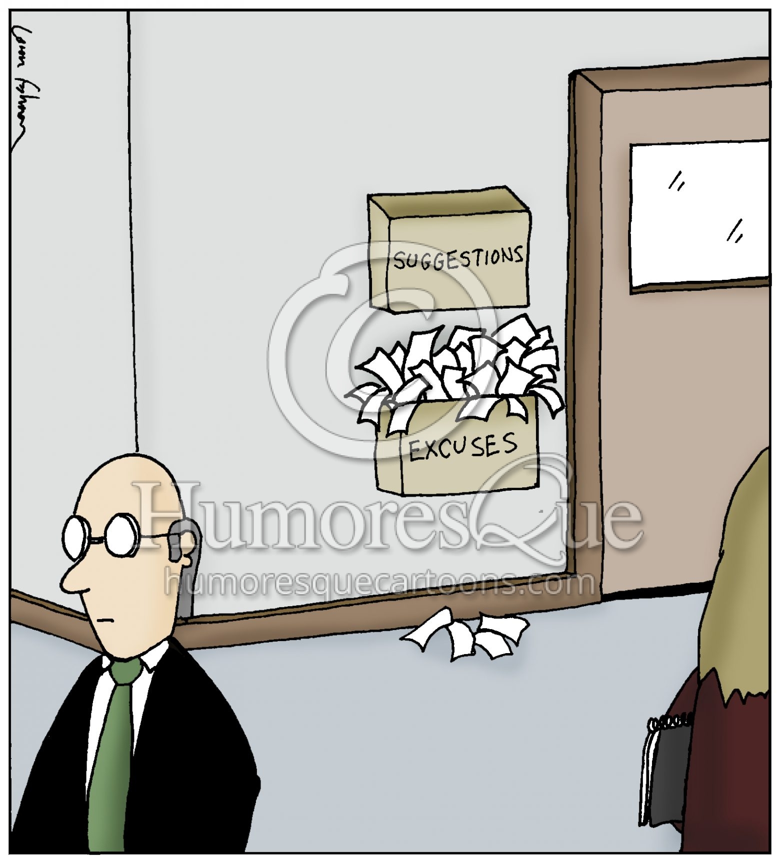 suggestions and excused boxes in office cartoon