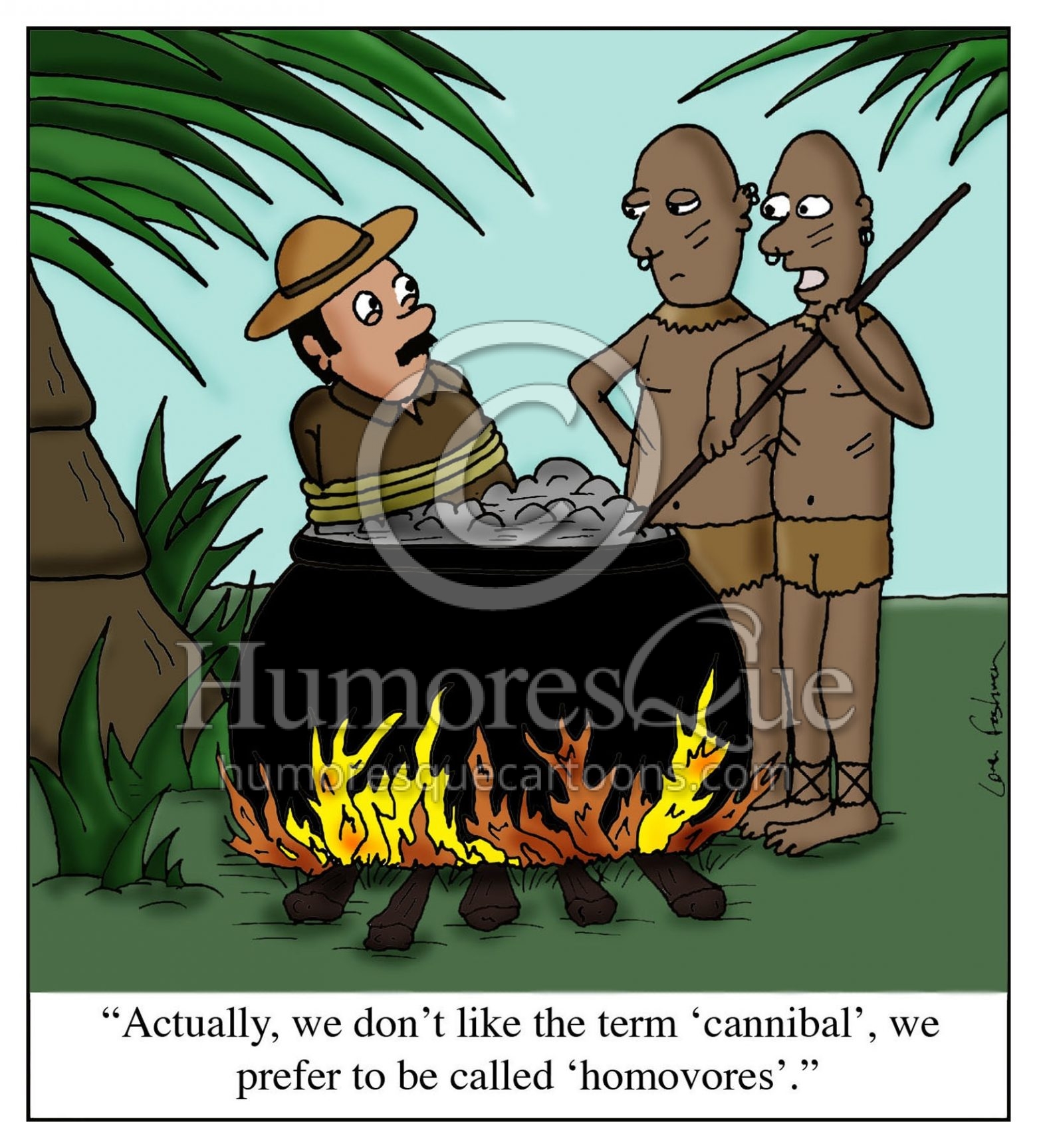 cartoon about how cannibals don't like politically incorrect term