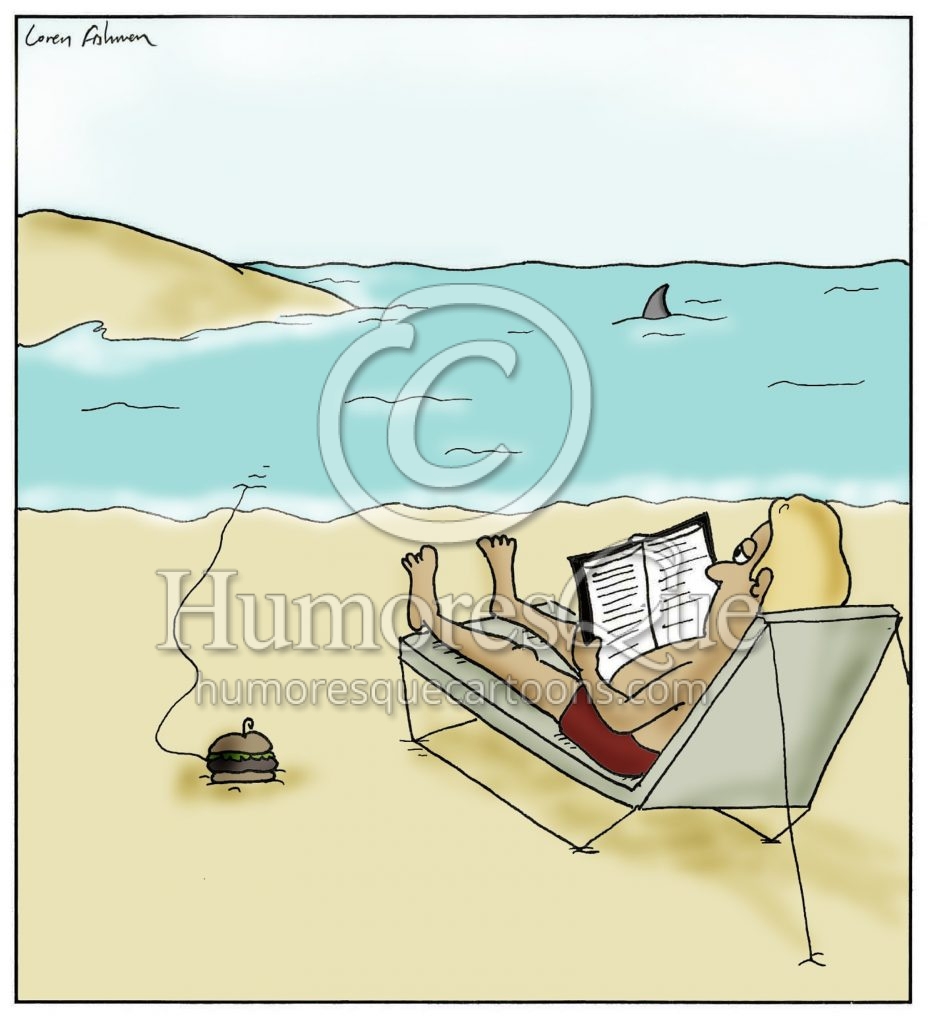 shark fishing with a hamburger on the beach cartoon