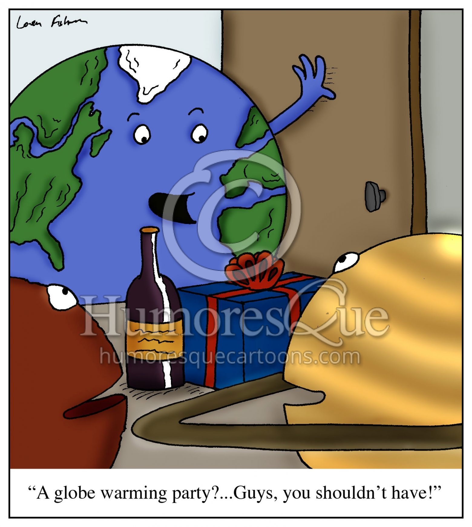 Globe warming party cartoon about global warming and climate change