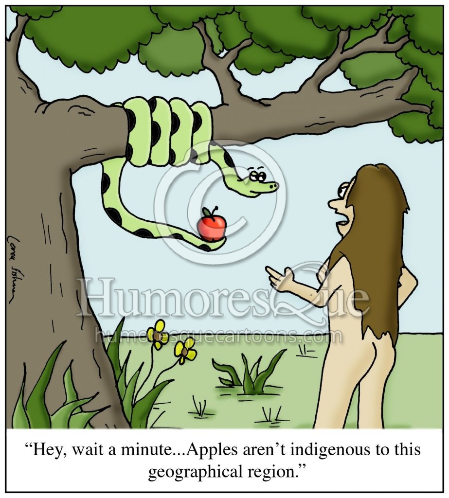 garden of eden cartoon about apples not growing in the middle east