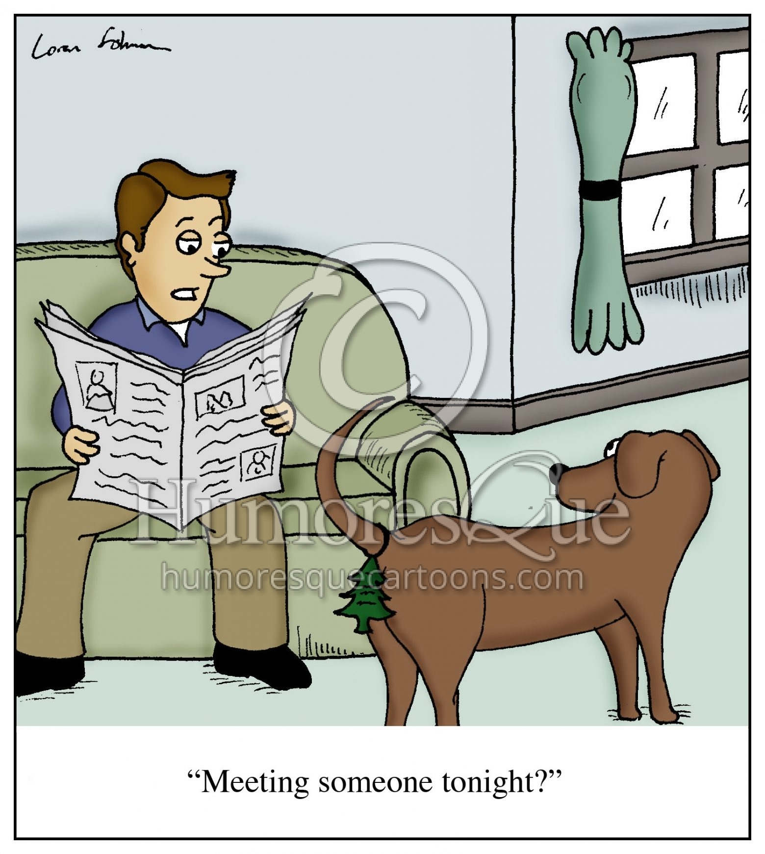 cartoon of a dog wearing air freshener on his butt