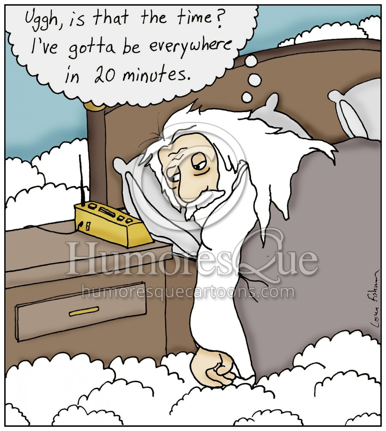 cartoon where god wakes up late and has to be everywhere