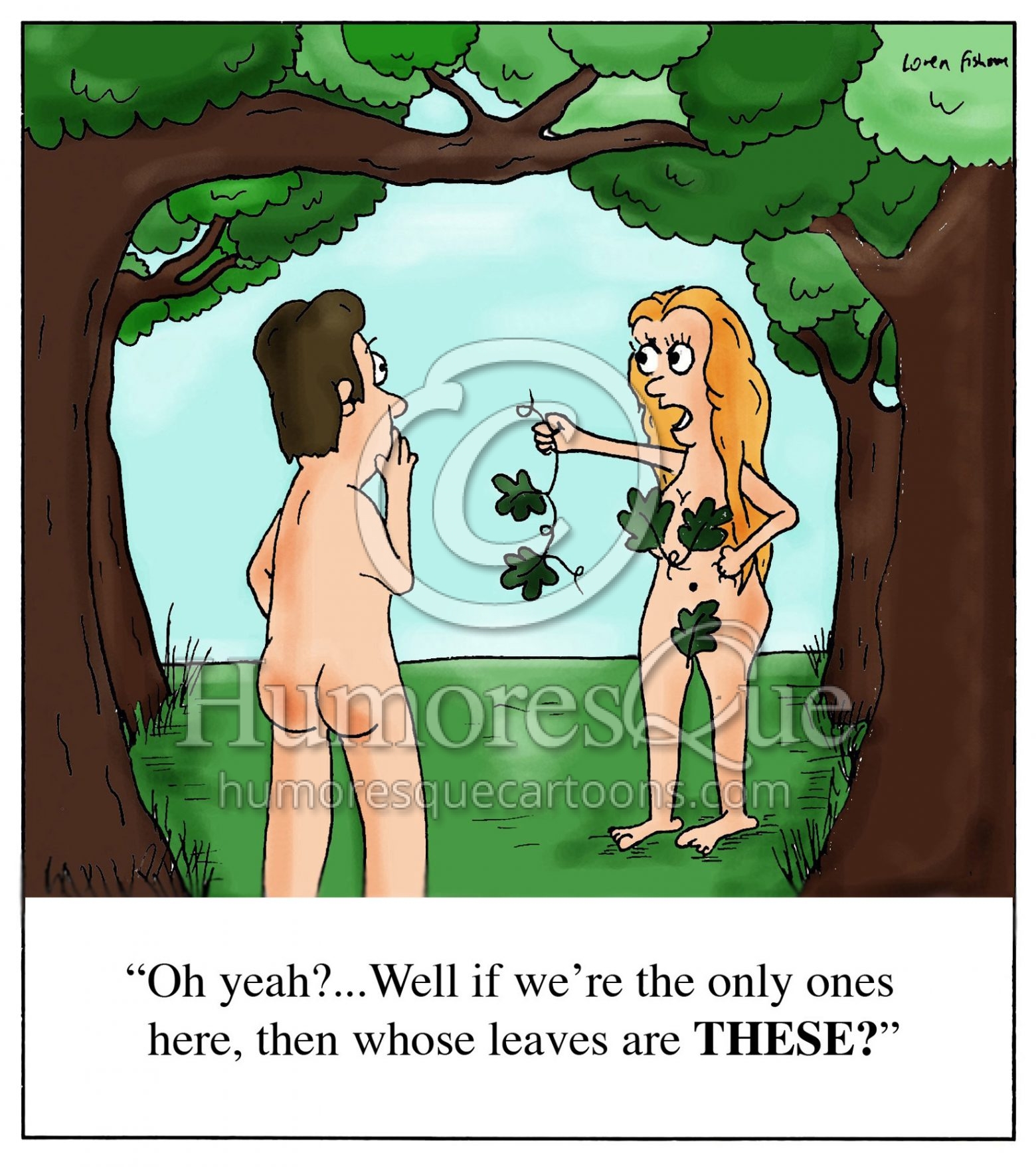 trouble in paradise cartoon where eve finds a leaf bra