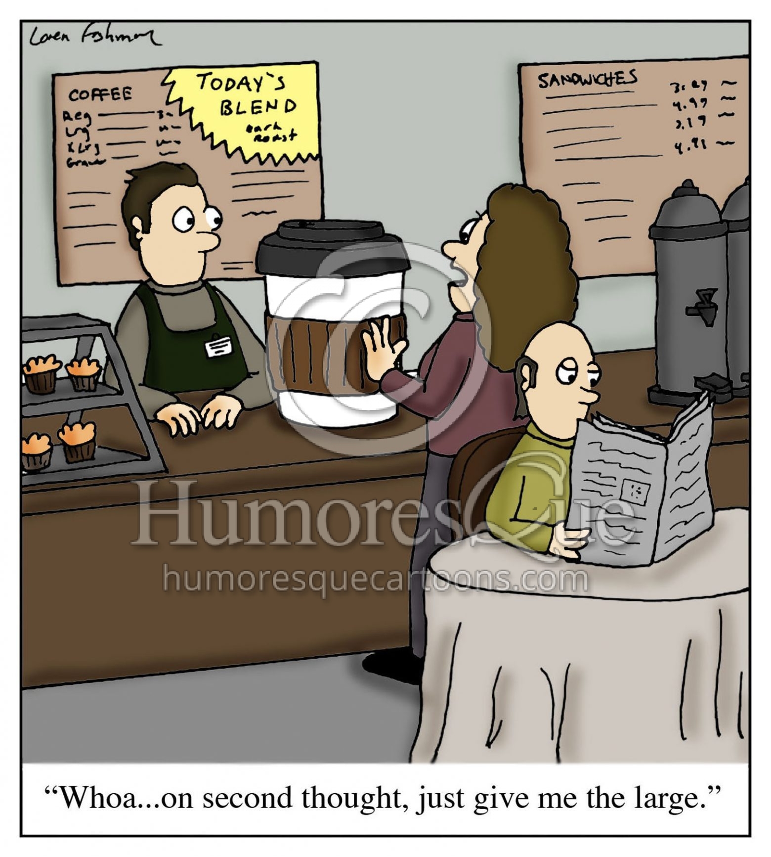 cartoon about the size of coffee at coffee shops