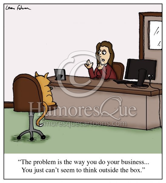 cat doing business outside the box cartoon