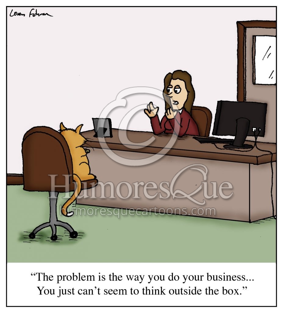 cat doing business outside the box cartoon