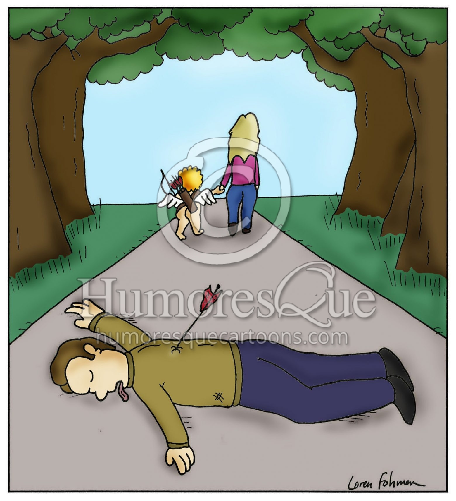 cupid shooting guy and stealing girl valentines day cartoon