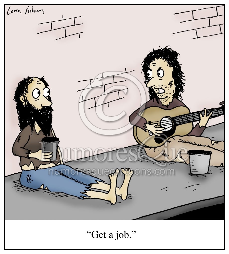 bum playing guitar get a job musician cartoon