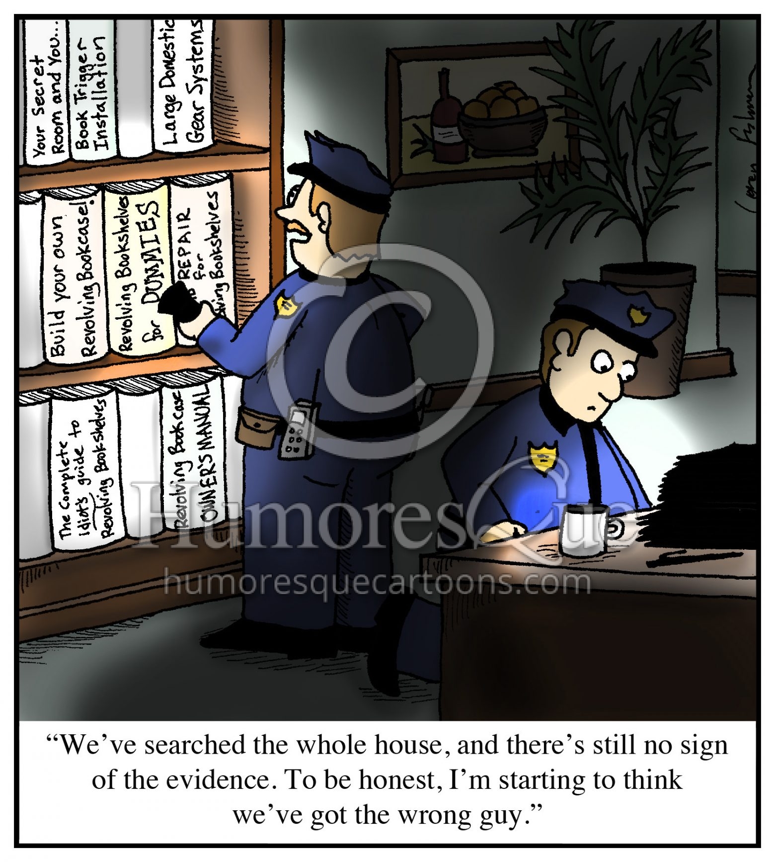 revolving bookshelf police search cartoon