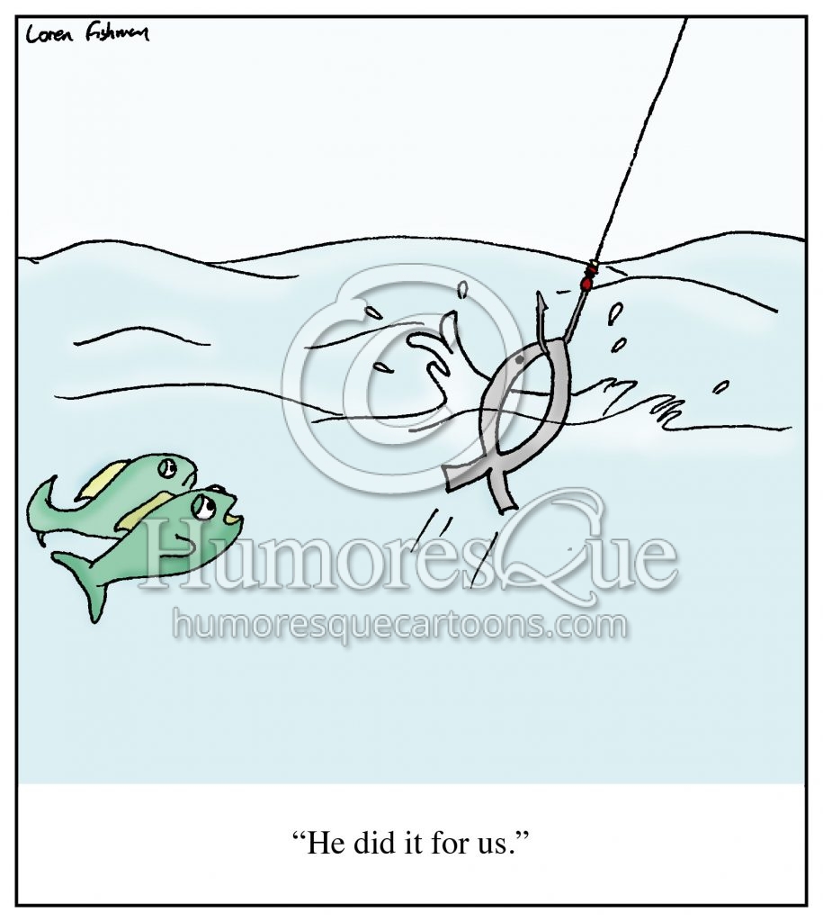 Jesus fish sacrifice fishing cartoon