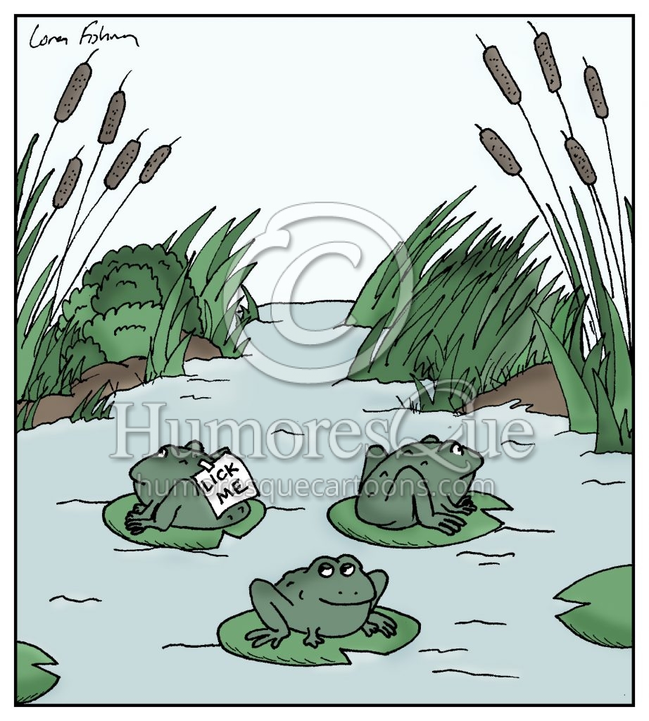 Frog or toad with a lick me sign on his back licking toads drug cartoon