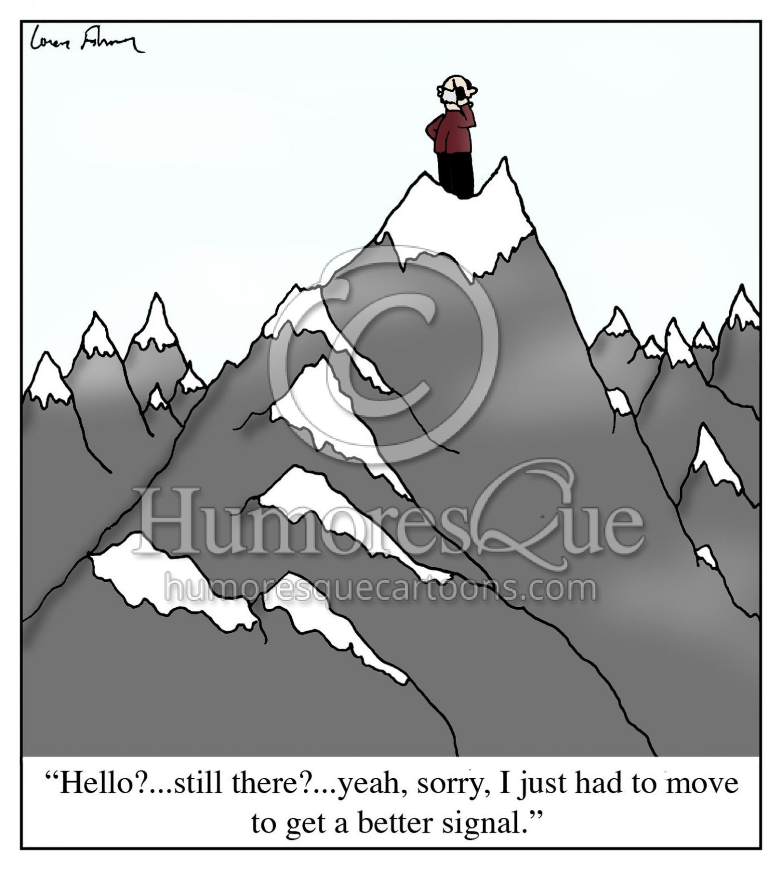 climb a mountain to get a better mobile service signal cartoon