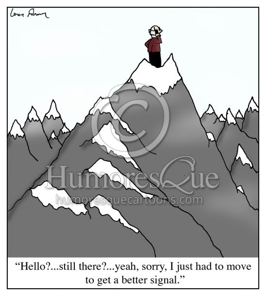 climb a mountain to get a better mobile service signal cartoon