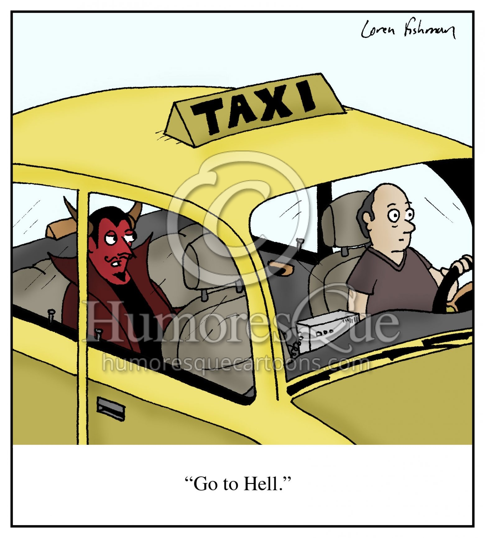Go to Hell devil in taxi cab cartoon
