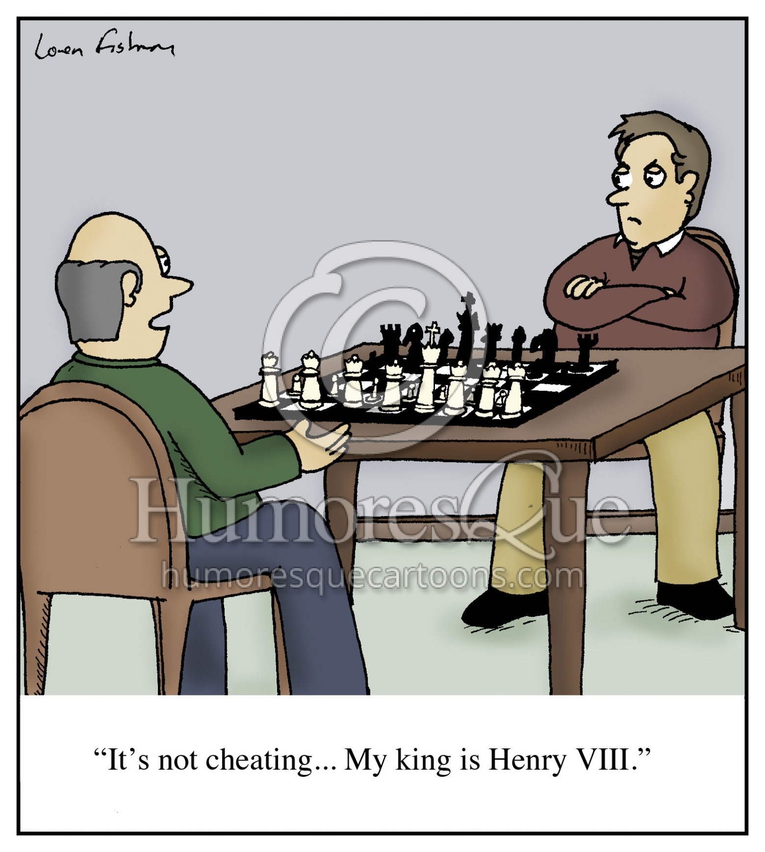 playing chess with six queens like Henry VIII cartoon