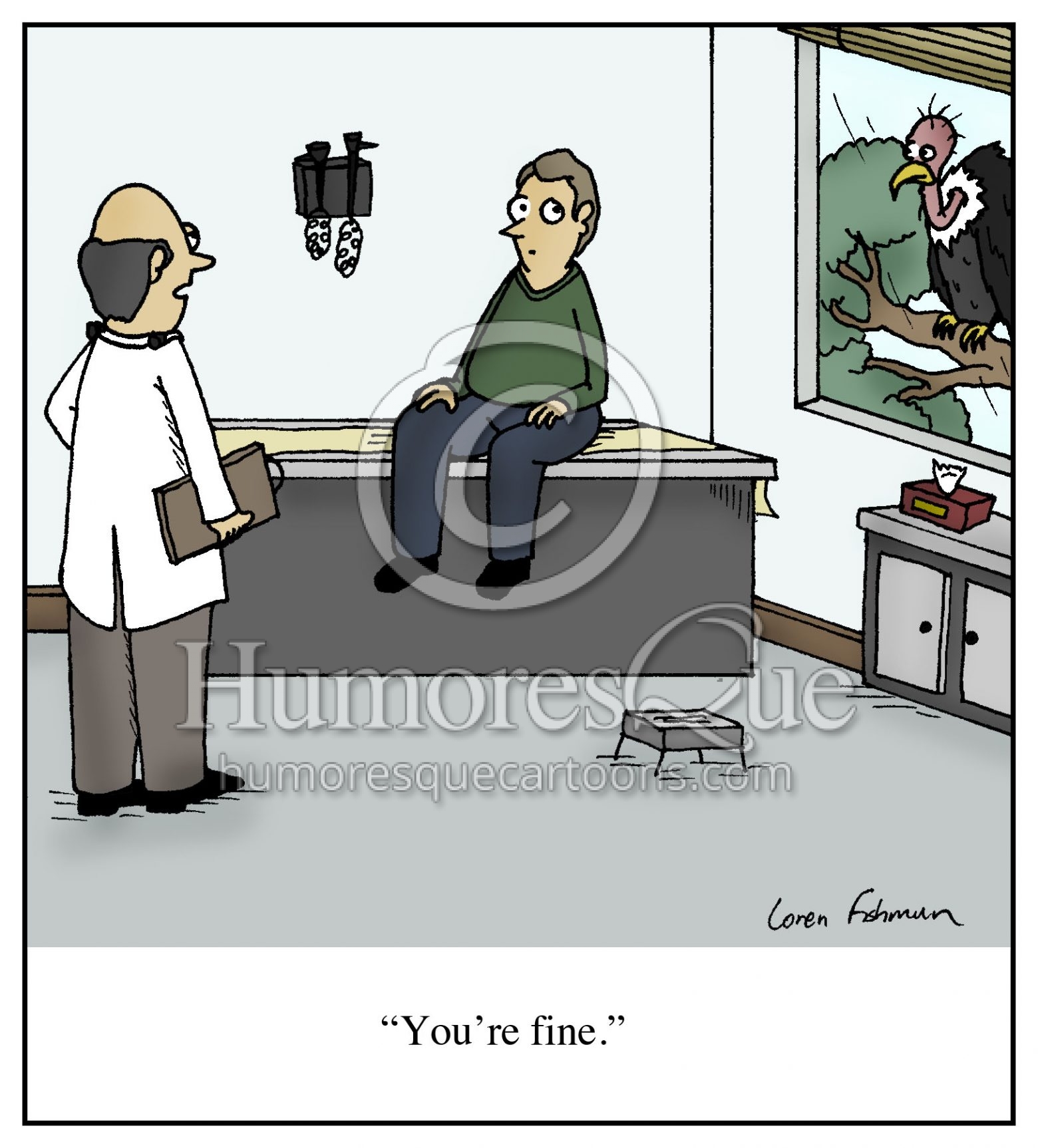 vulture in doctor's office window cartoon