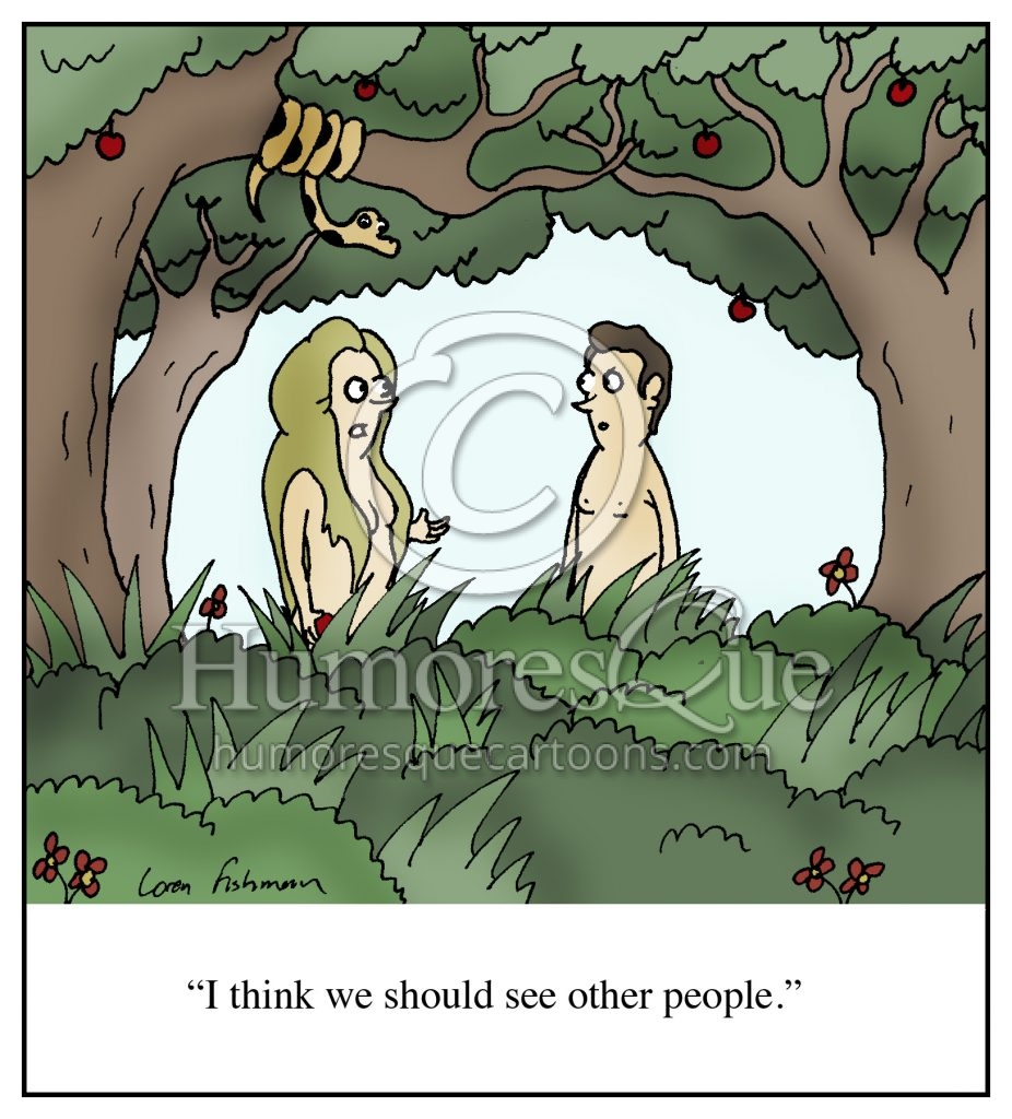 Adam and Eve in Garden of Eden breakup cartoon