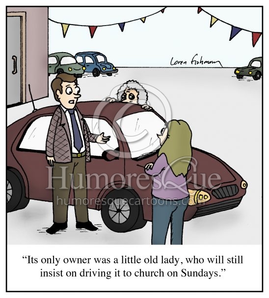 old lady car salesman cartoon