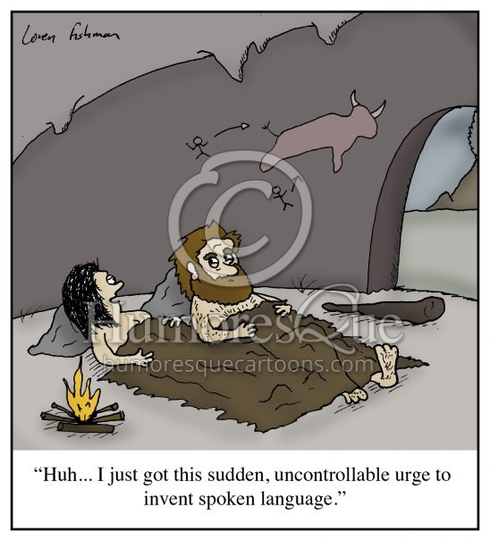 caveman women inventing language to talk after sex cartoon