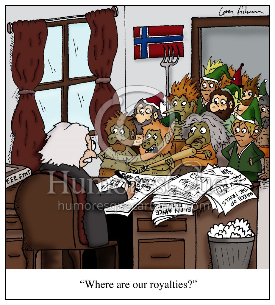 grieg cartoon with trolls and gnomes demanding royalties