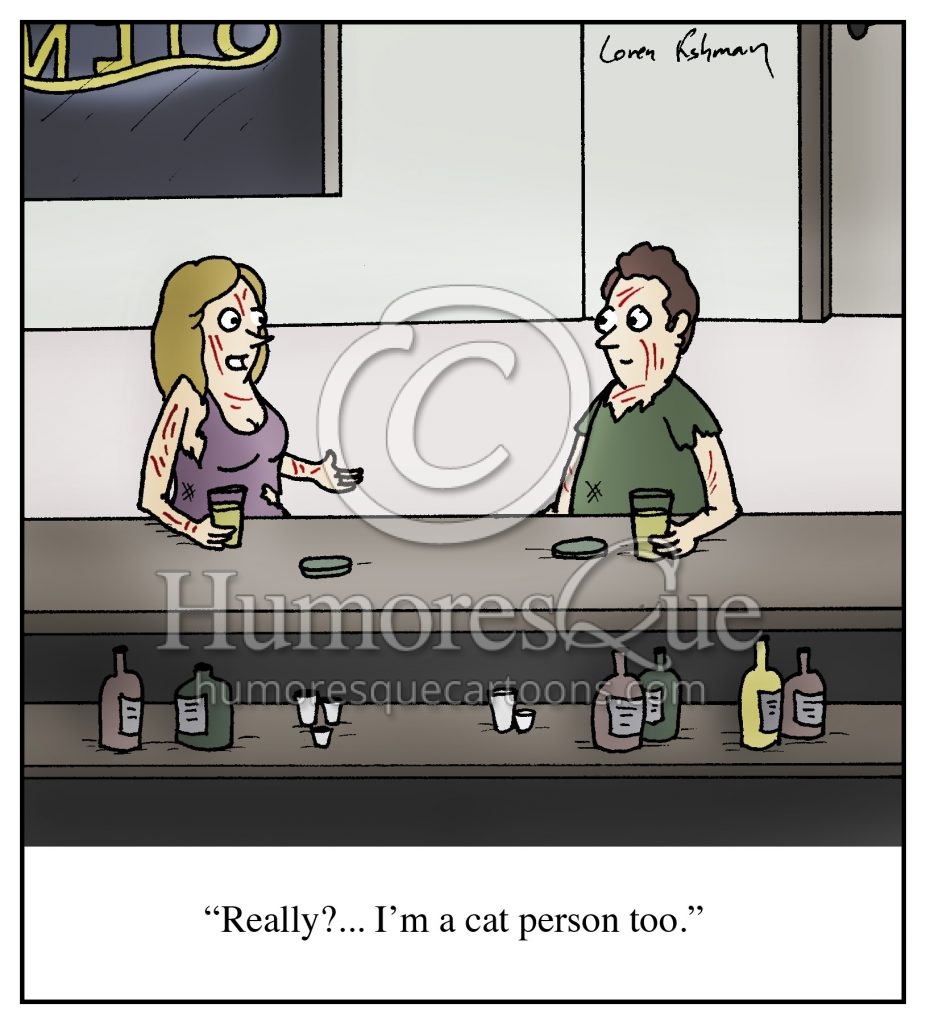 cat people with scratches in a bar cartoon
