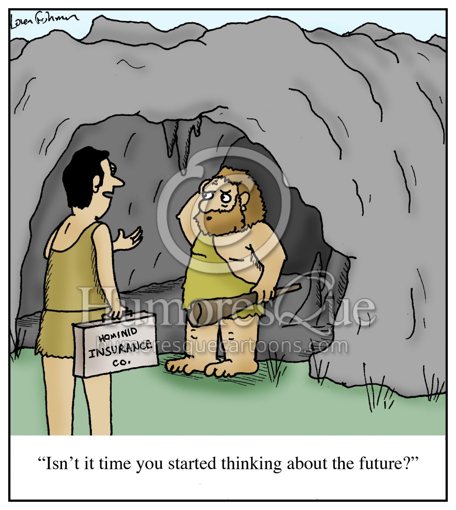 hominid insurance salesman cartoon