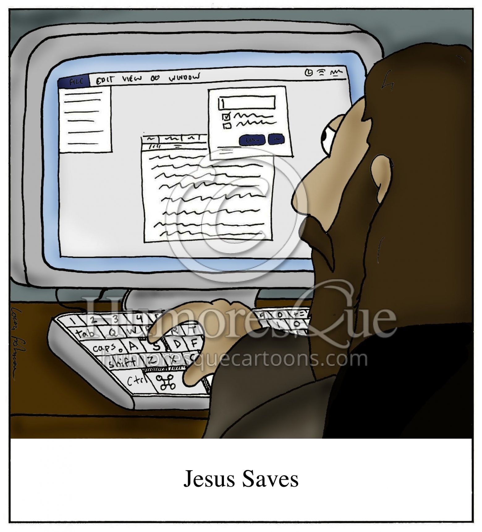 Jesus saves command s computer cartoon