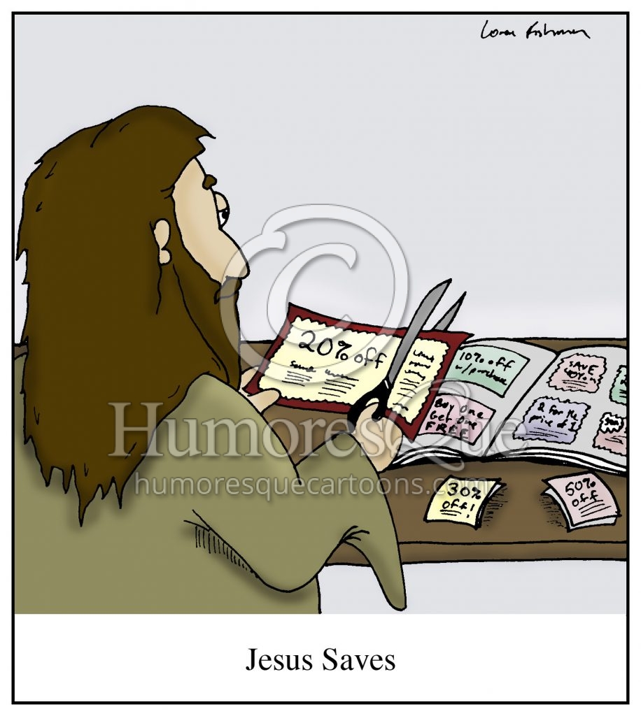Jesus saves coupon cutting cartoon
